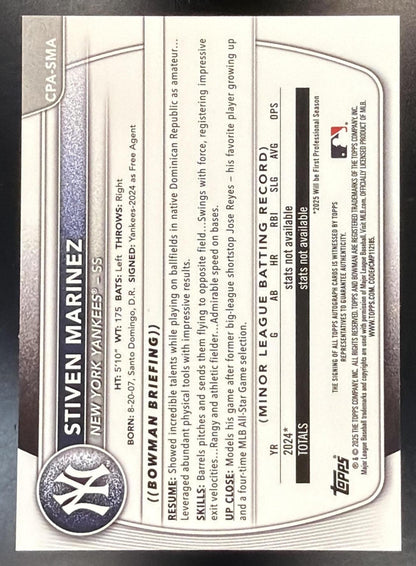 2025 Bowman Chrome Baseball Stiven Marinez #CPA-SMA Auto Yellow Refractor 67/75 1st