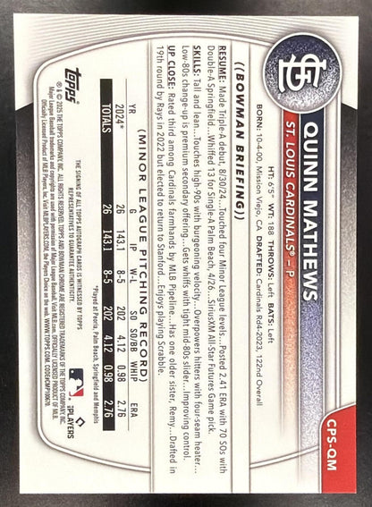 2025 Bowman Sapphire Quinn Mathews #CPS-QM Chrome Auto Green Refractor /99 1st Prospect