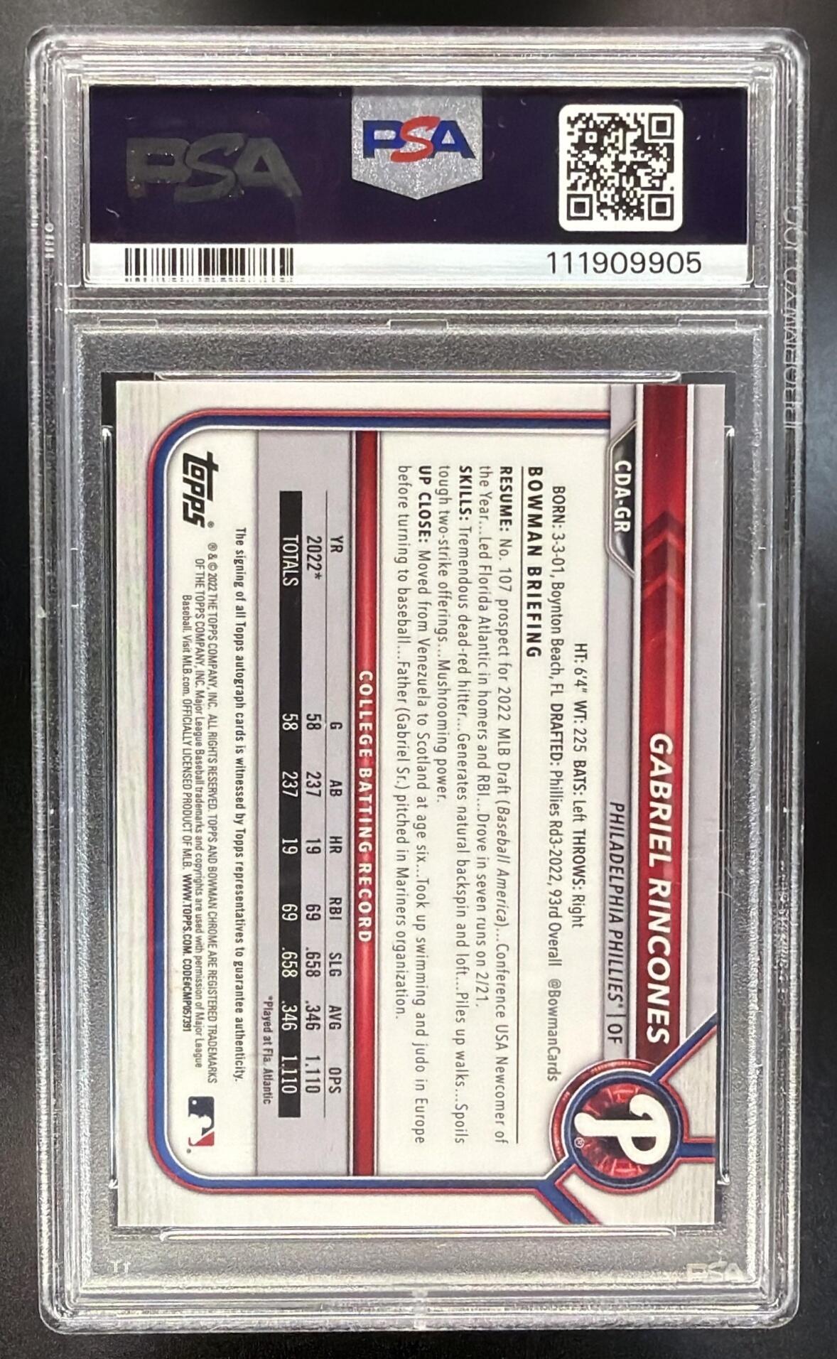 2022 Bowman Draft Gabriel Rincones #CDA-GR Chrome Pick Auto Green Refractor /99 1st Prospect PSA 10
