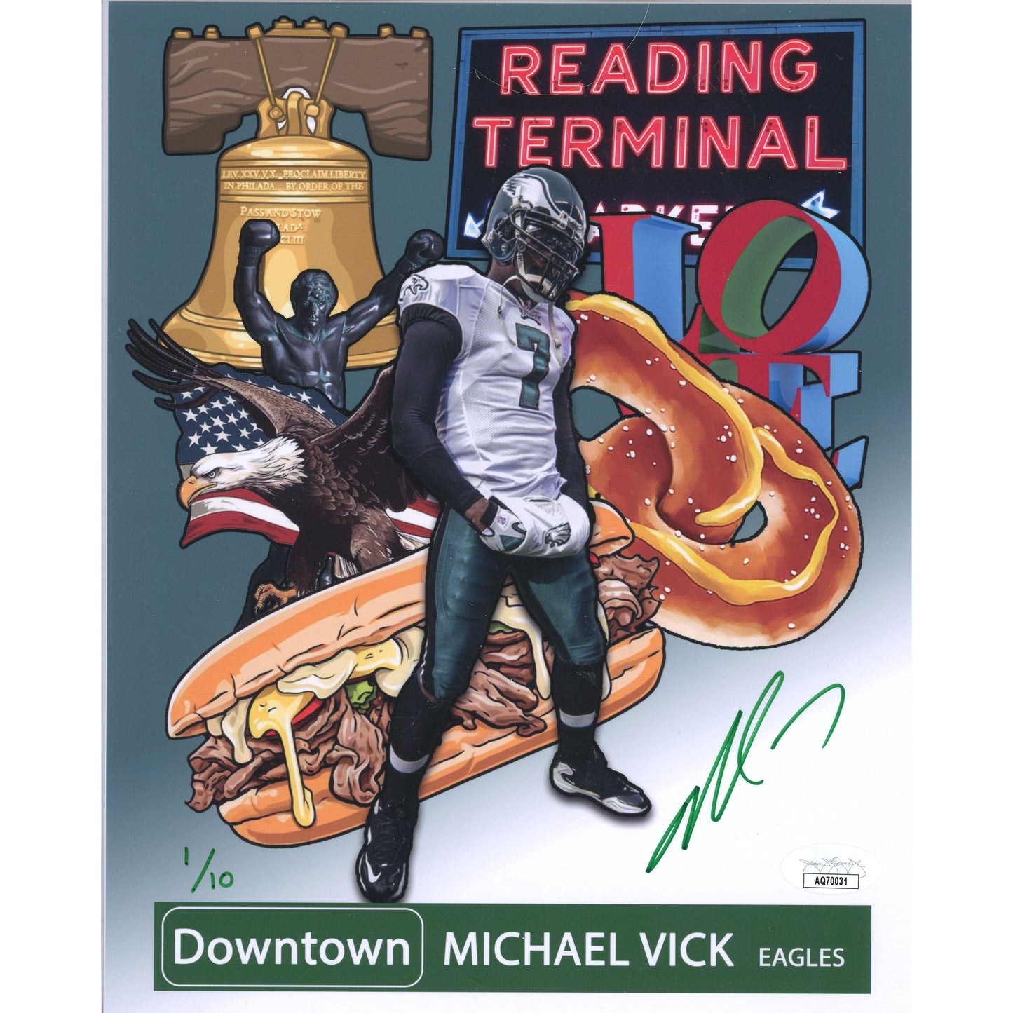 Michael Vick Autographed Phi Eagles 8x10 Downtown /10 Green Ink JSA COA
