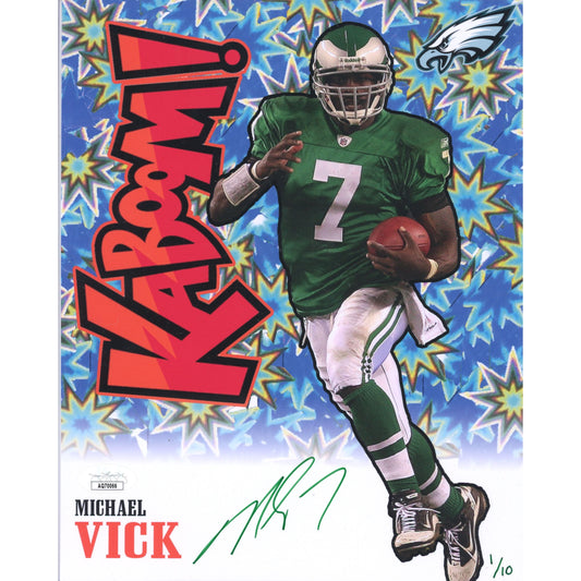 Michael Vick Autographed Phi Eagles 8x10 KABOOM! /10 Green Ink JSA COA