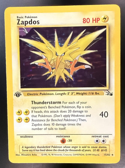 1999 Pokemon Fossil Zapdos 15/62 Holo First Edition LP