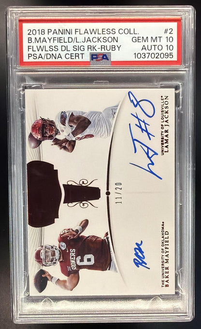 2019 Panini Flawless Collegiate Baker Mayfield Lamar Jackson Rookie #2 Auto /20 PSA 10
