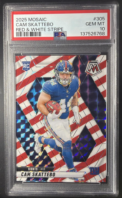 2025 Panini Mosaic Cam Skattebo #305 Rookies Red and White Stripe Prizm RC PSA 10