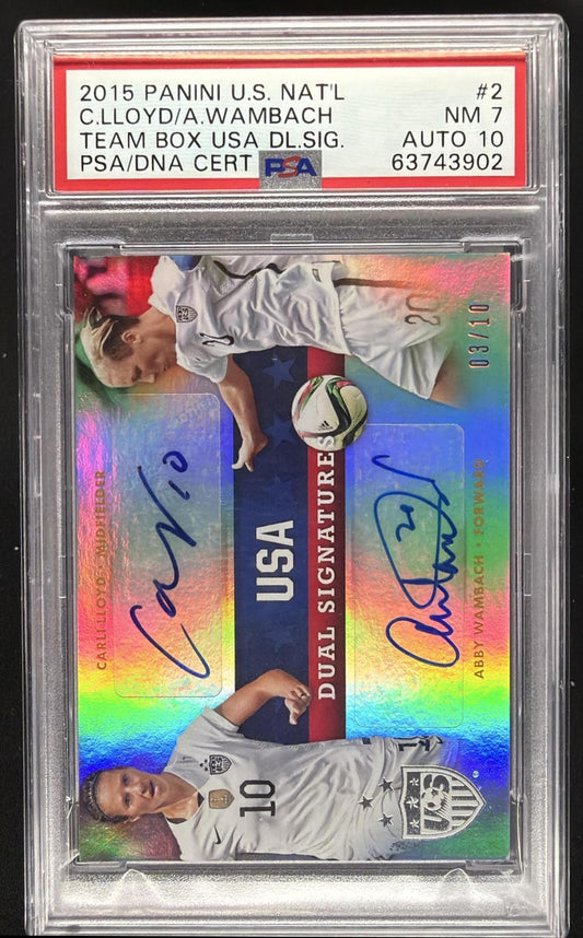 2015 Panini Carli Lloyd Abby Wambach Team Box Dual Auto /10 PSA 7