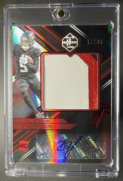 2022 Panini Limited Drake London #153 Ruby Spotlight 17/35 MEM Auto RC