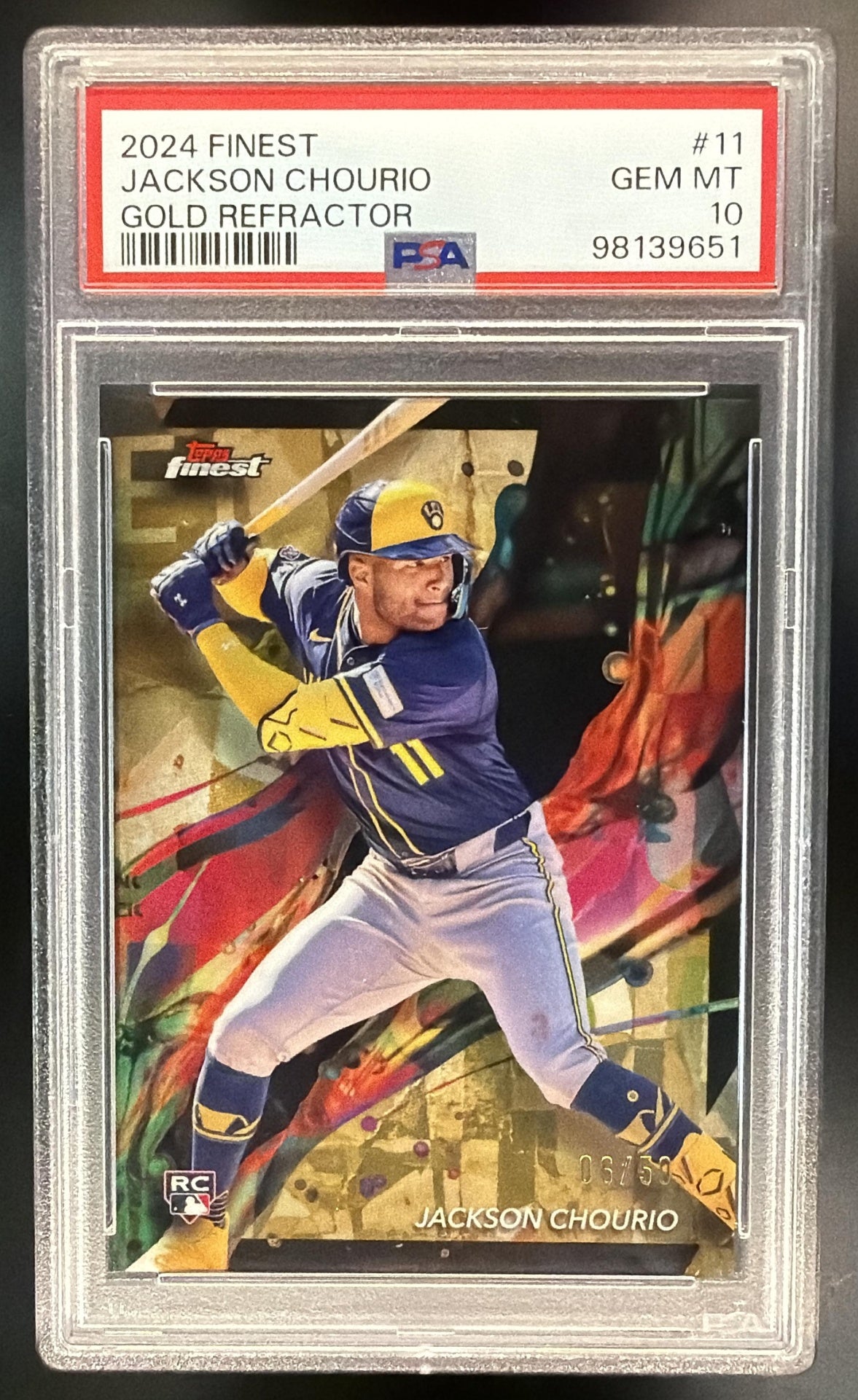 2024 Topps Finest Jackson Chourio #11 Gold Refractor 6/50 Common RC PSA 10