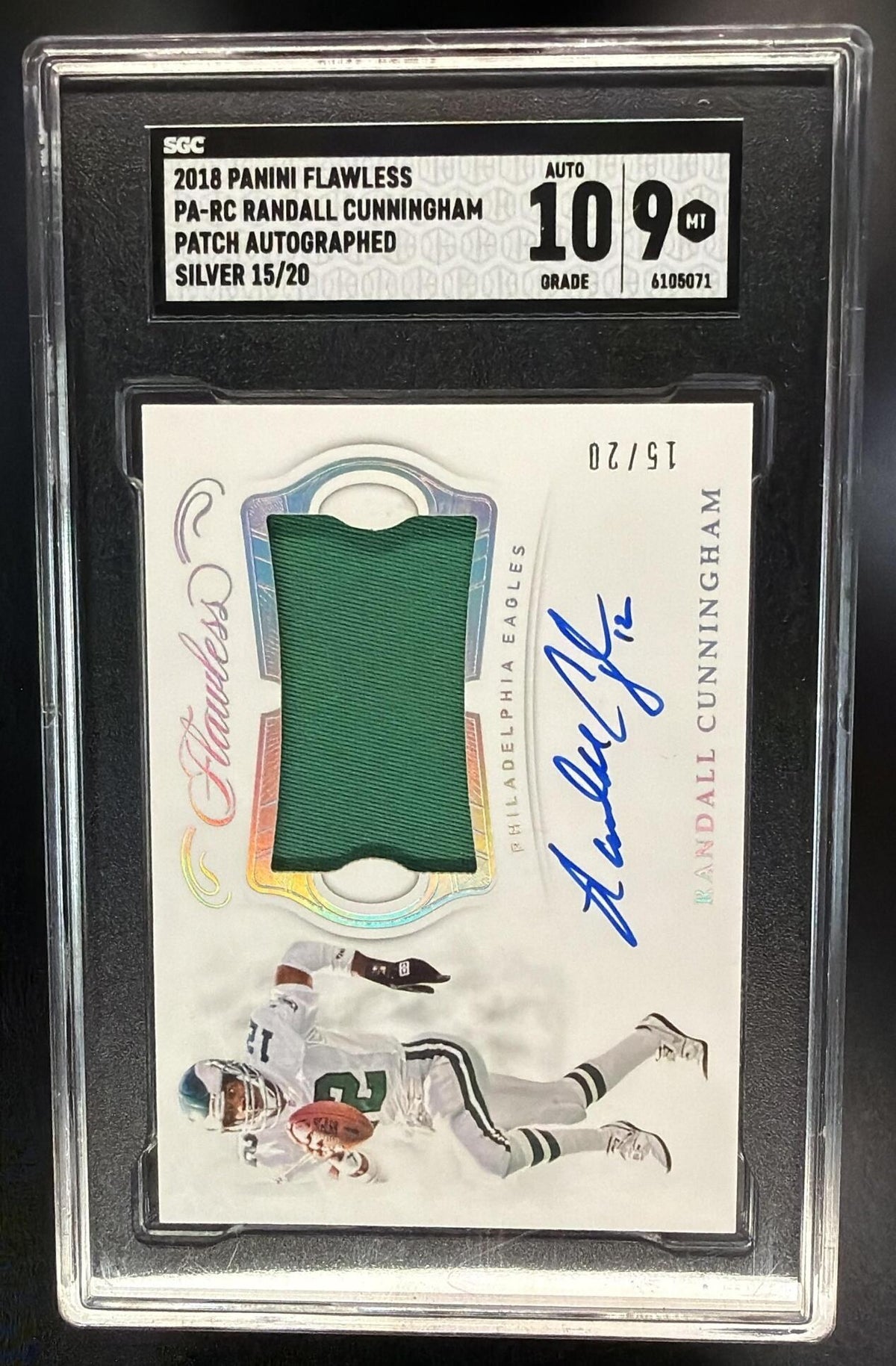 2018 Panini Flawless Randall Cunningham #PA-RC Patch Auto Silver 15/20 SGC 9