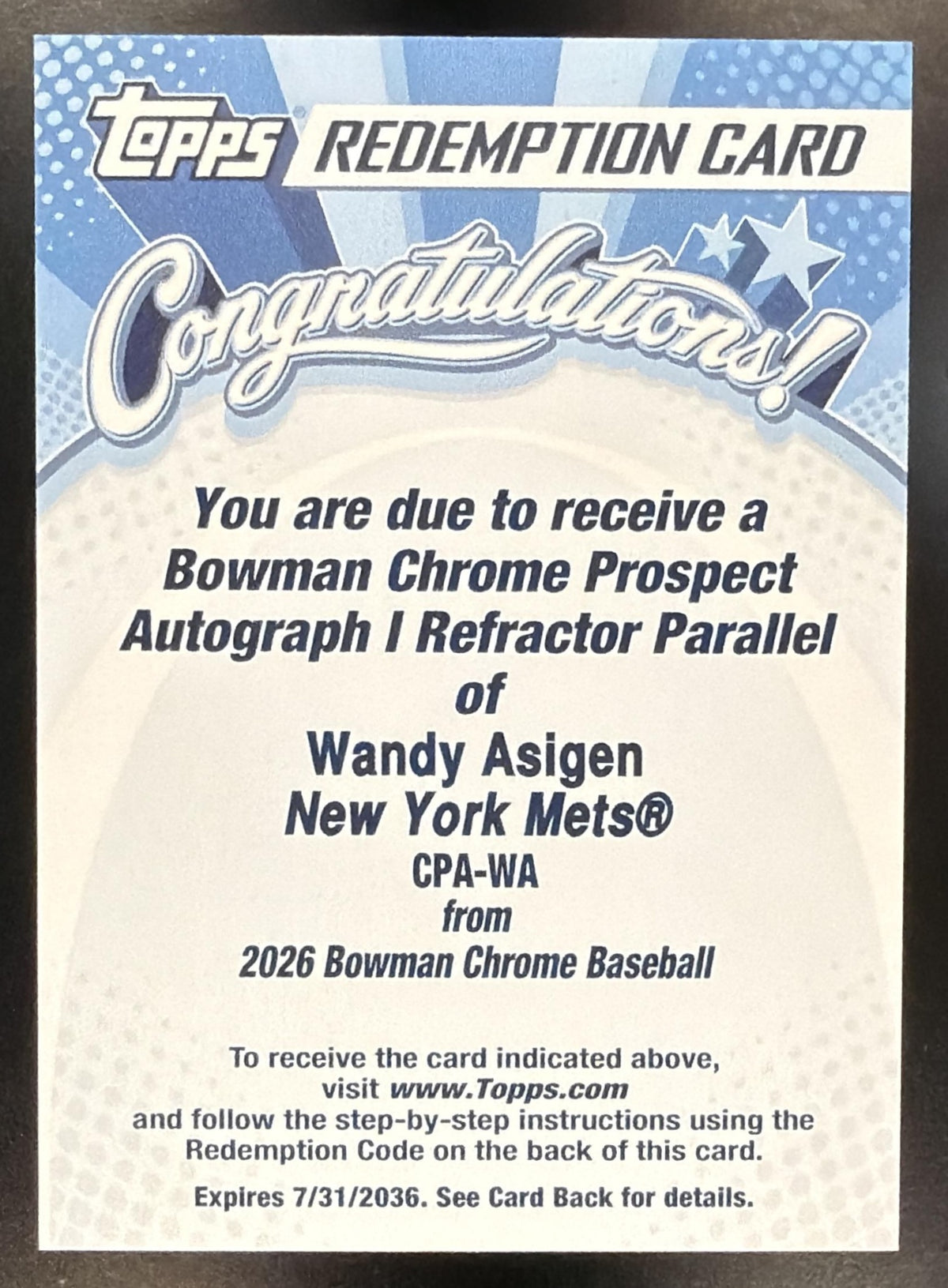 2026 Bowman Chrome Wandy Asigen #CPA-WA Auto 1st Prospect Refractor