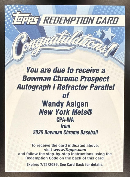 2026 Bowman Chrome Wandy Asigen #CPA-WA Auto 1st Prospect Refractor