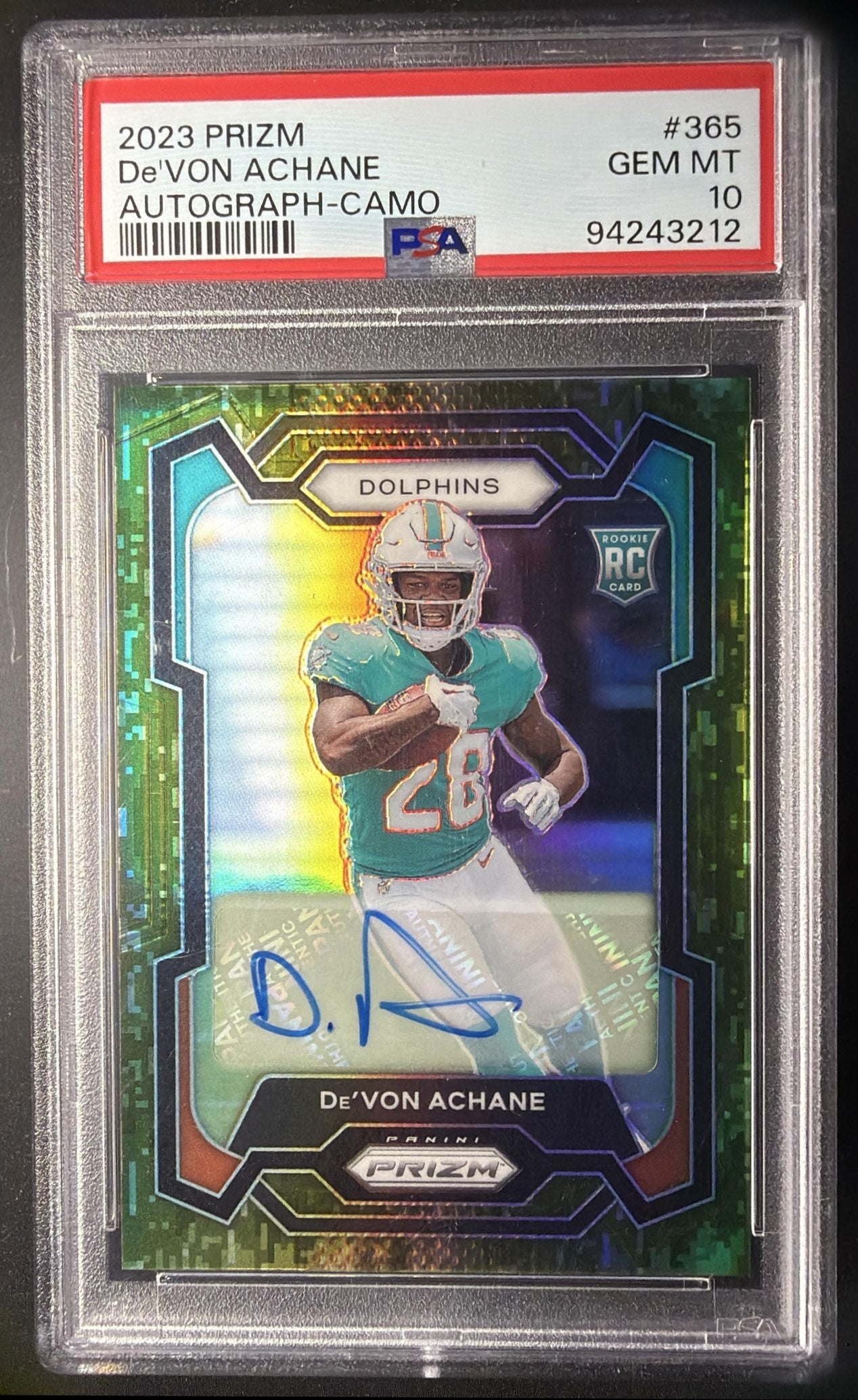 2023 Panini Prizm De'Von Achane #365 Rookie Auto Camo 10/25 RC PSA