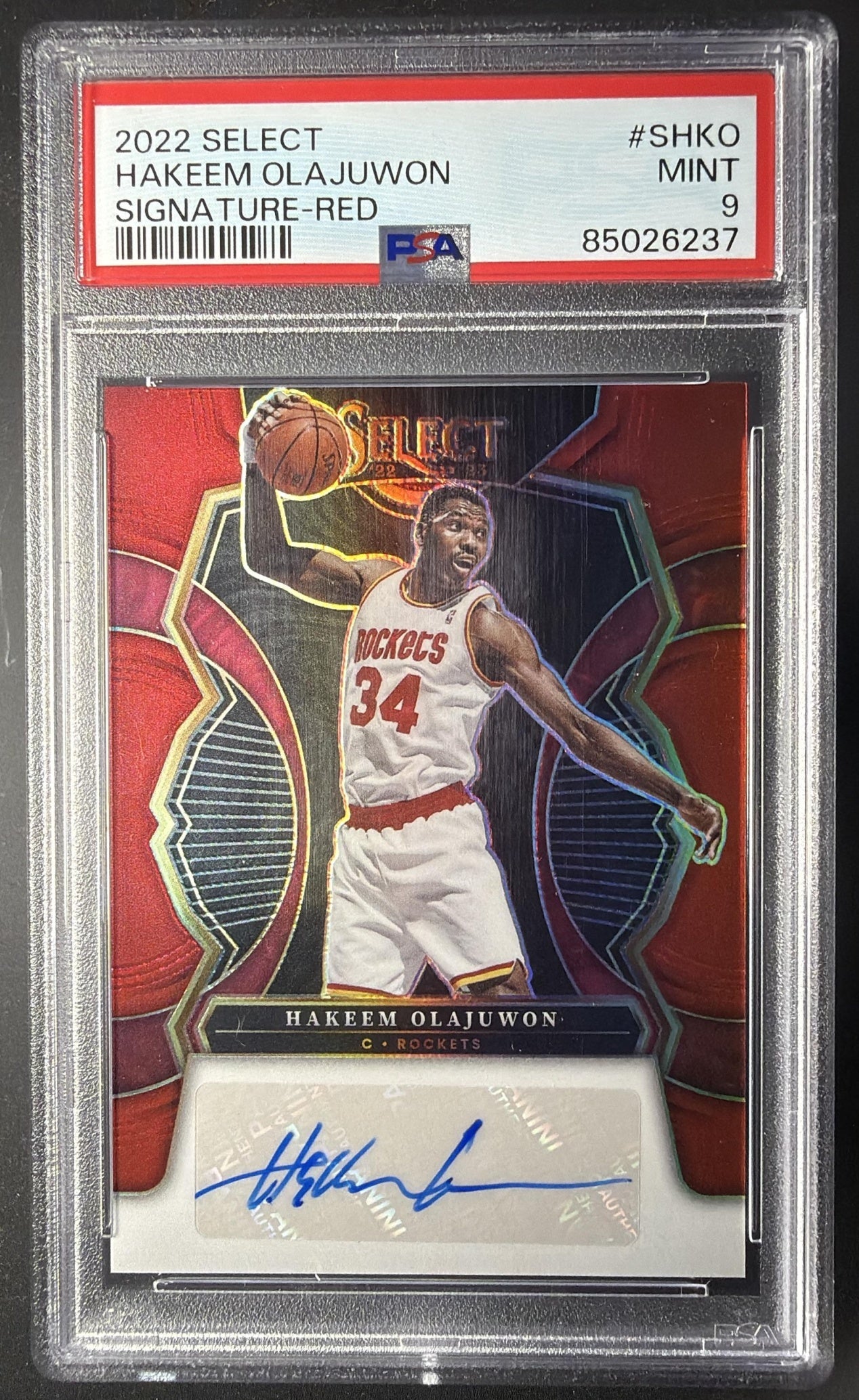 2022 Panini Select Hakeem Olajuwon #S-HKO Signatures Red Prizms /75 Auto PSA 9