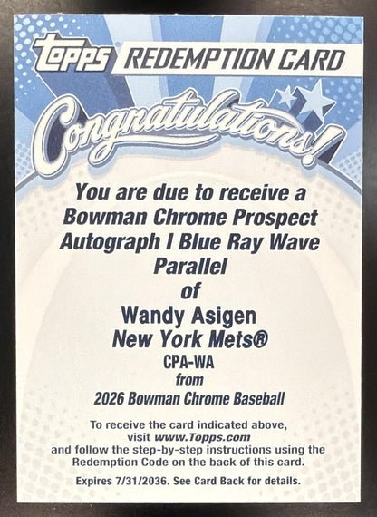 2026 Bowman Chrome Wandy Asigen #CPA-WA Auto 1st Prospect Blue Ray Wave /150