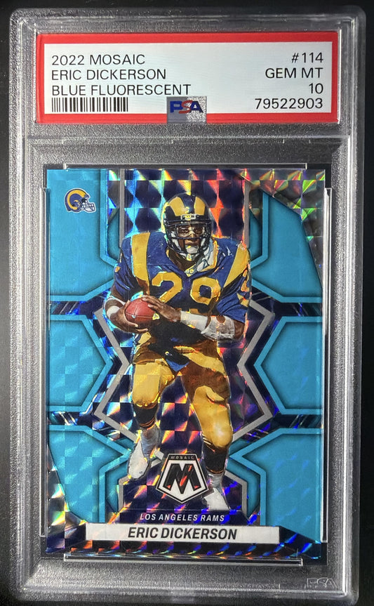 2022 Panini Mosaic Eric Dickerson Blue Fluorescent /15 PSA 10