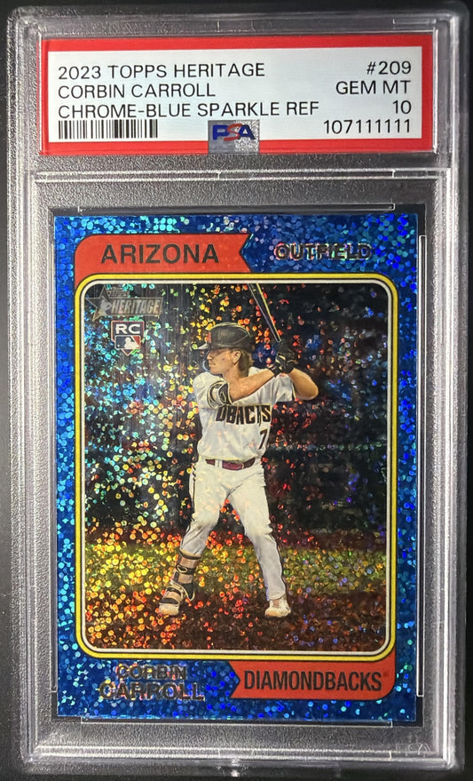2023 Topps Heritage Corbin Carroll #209 Chrome Blue Sparkle Refractor RC PSA 10