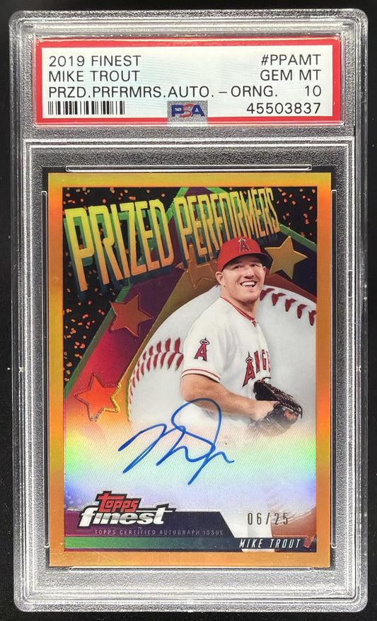 2019 Topps Finest Mike Trout #FOA-MT Origins Auto Orange 6/25 PSA 10