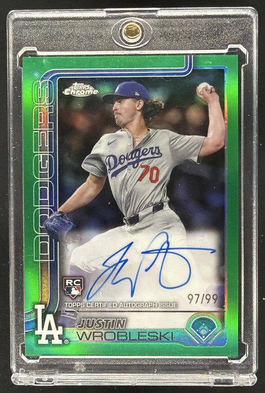 2025 Topps Chrome Justin Wrobleski #RA-JWR Rookie Auto Green Refractor 97/99 RC