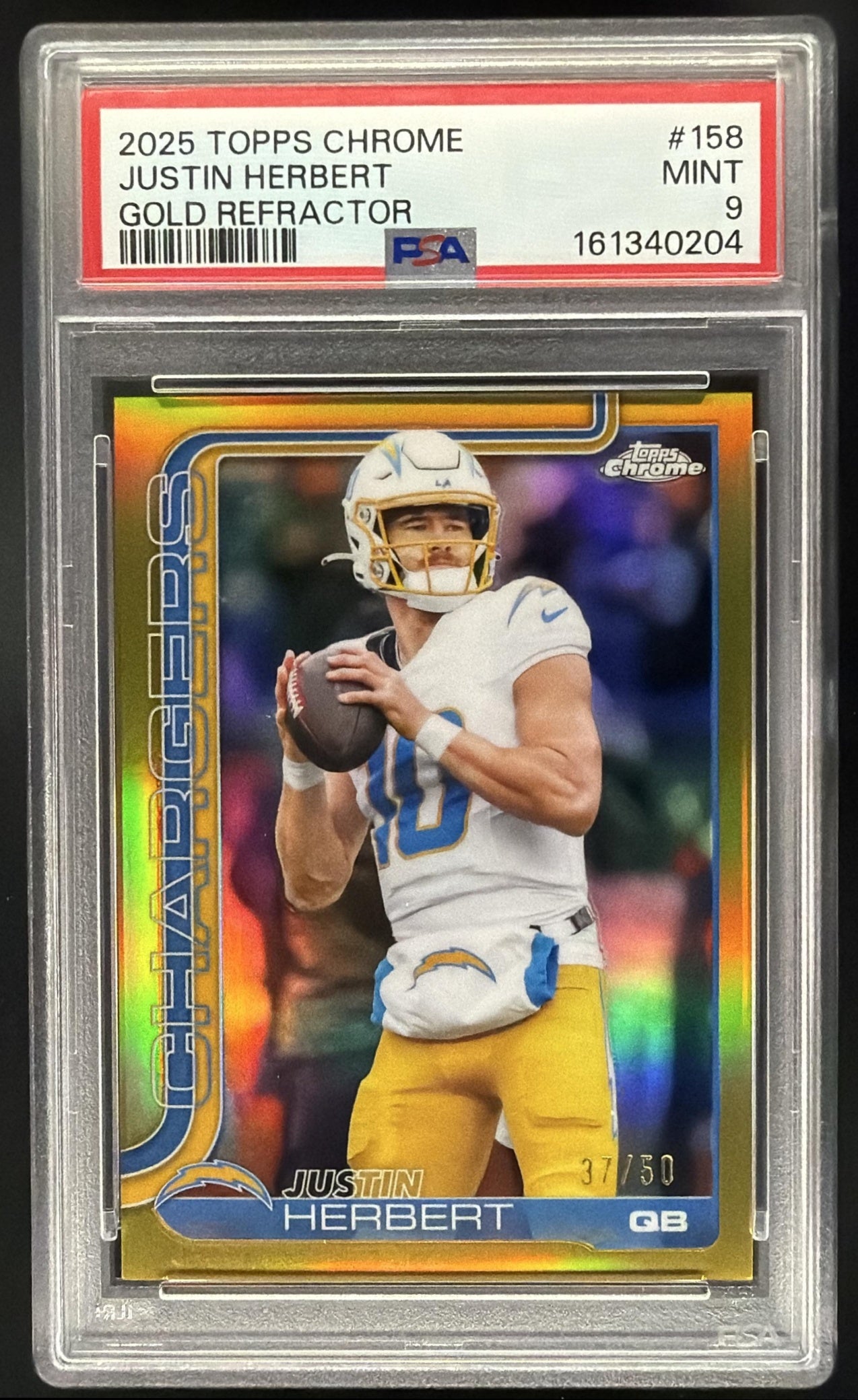 2025 Topps Chrome Justin Herbert #158 Gold Refractor 37/50 PSA 9