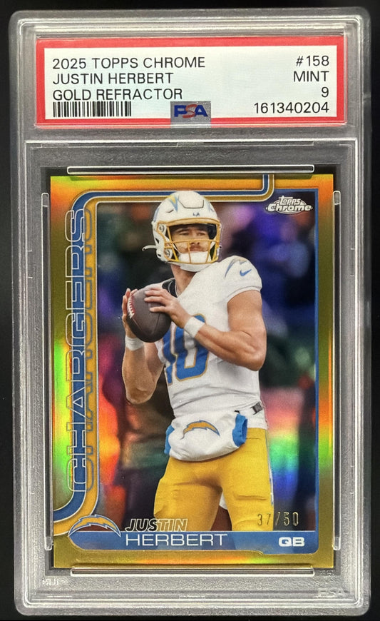 2025 Topps Chrome Justin Herbert #158 Gold Refractor 37/50 PSA 9