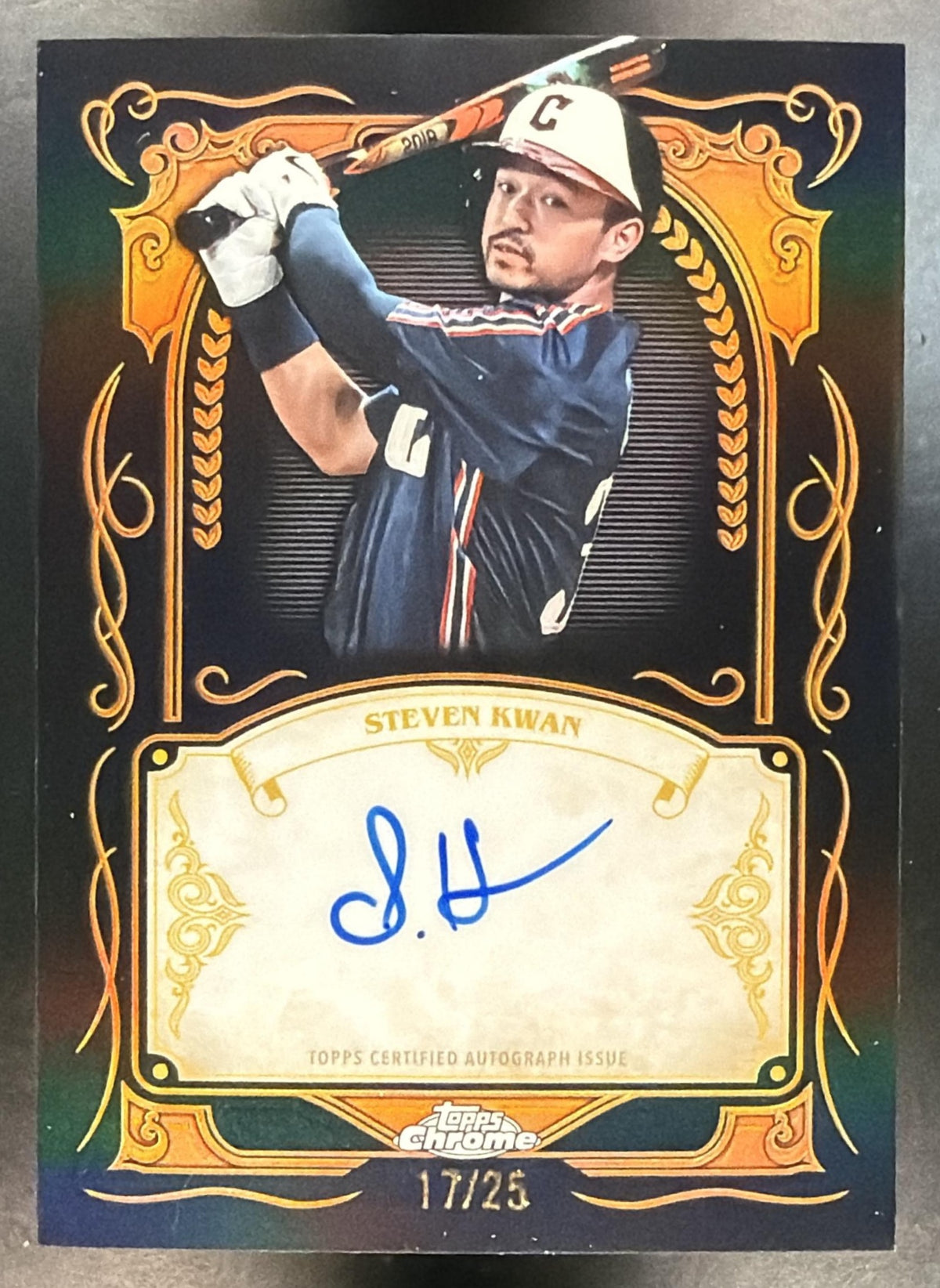 2026 Topps Chrome Steven Kwan #IS-SK Ink Strokes Auto Orange Refractor 17/25 SP