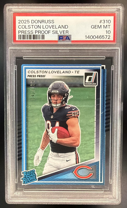2025 Panini Donruss Colston Loveland #310 Rated Rookie Press Proof Silver /199 RC PSA 10