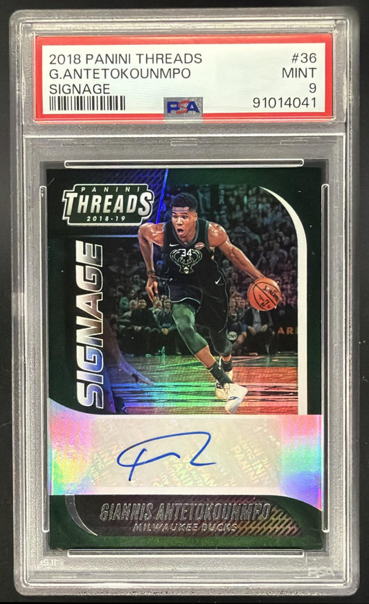 2018-19 Panini Threads Giannis Antetokounmpo #36 Signage Auto PSA 9