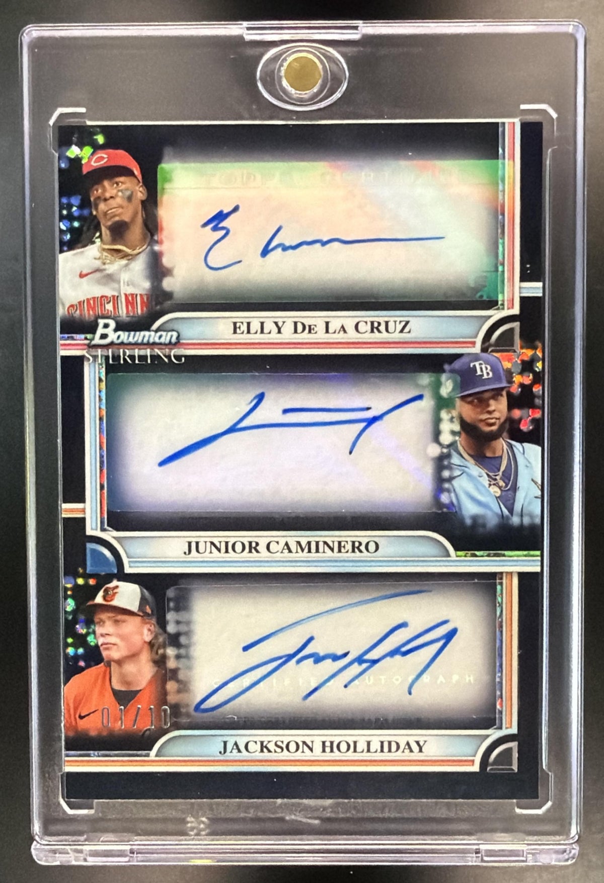2024 Bowman Sterling Jackson Holliday Junior Caminero Elly De La Cruz #TRA-DCH Triple Refractor Auto Black  /10