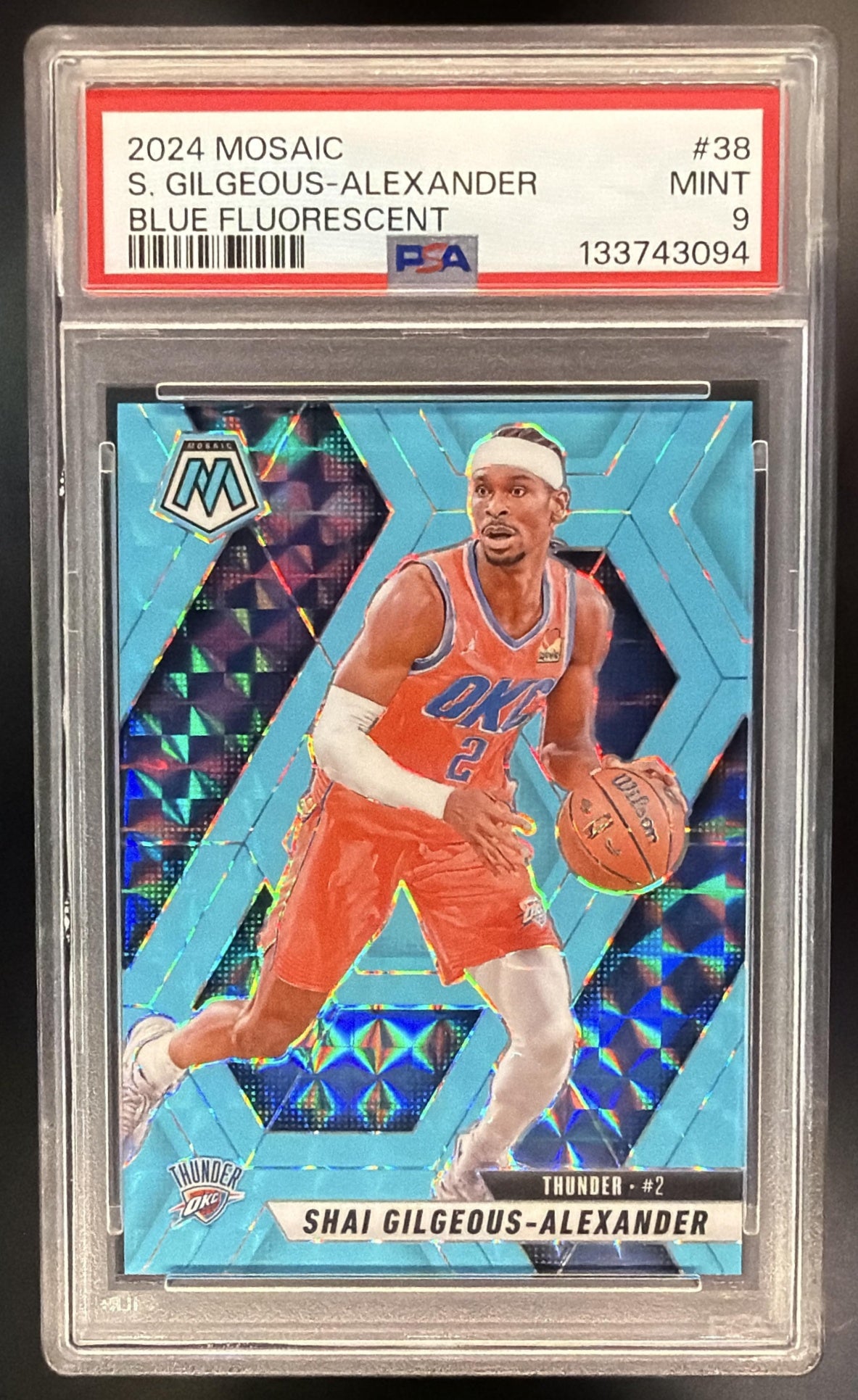 2024-25 Panini Mosaic Shai Gilgeous-Alexander #38 Blue Flourescent 2/49 JSY # PSA 9