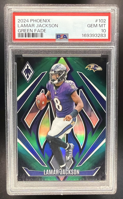 2024 Panini Phoenix Lamar Jackson #102 Green Fade 94/199 PSA 10