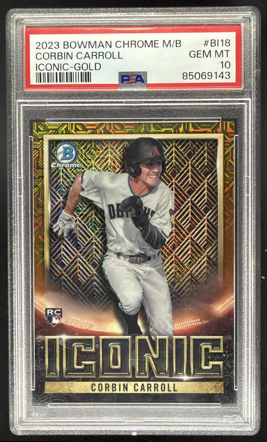 2023 Bowman Chrome Corbin Carroll #BI-18 Iconic Mojo Gold Refractor /50 RC PSA 10
