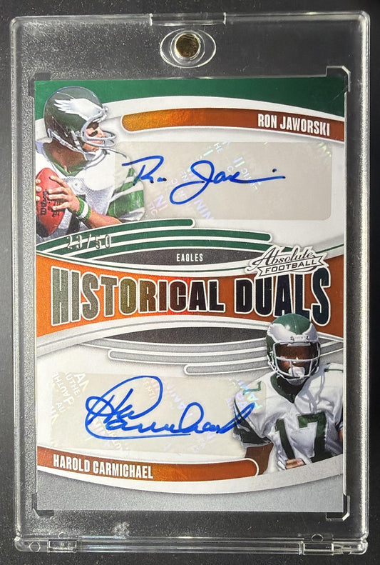 2025 Panini Absolute Ron Jaworski Harold Carmichael #HDU-PHI Dual Orange /50 Auto