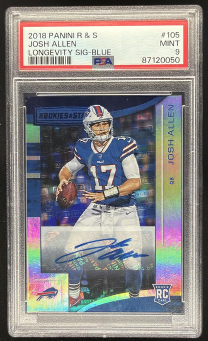 2018 Panini Rookies & Stars Josh Allen #105 Longevity Signatures Blue /49 RC Auto PSA 9