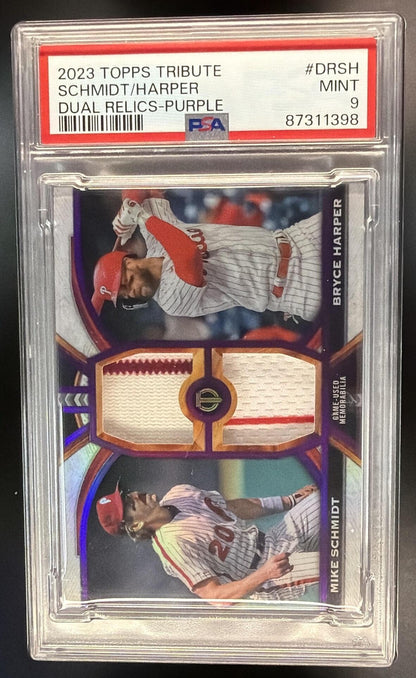 2023 Topps Tribute Mike Schmidt Bryce Harper #DR-SH Dual Relics 2 Player Purple /50 MEM PSA 9