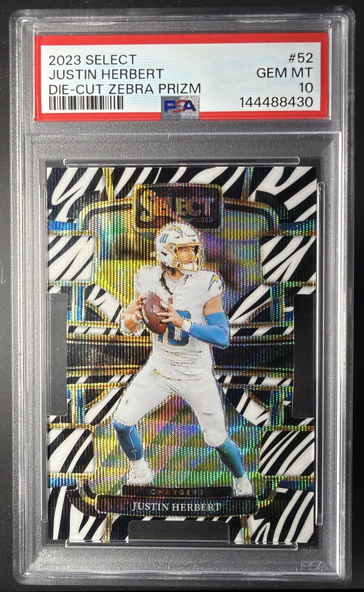 2023 Panini Select Justin Herbert #52 Zebra Prizm SSP Concourse PSA 10