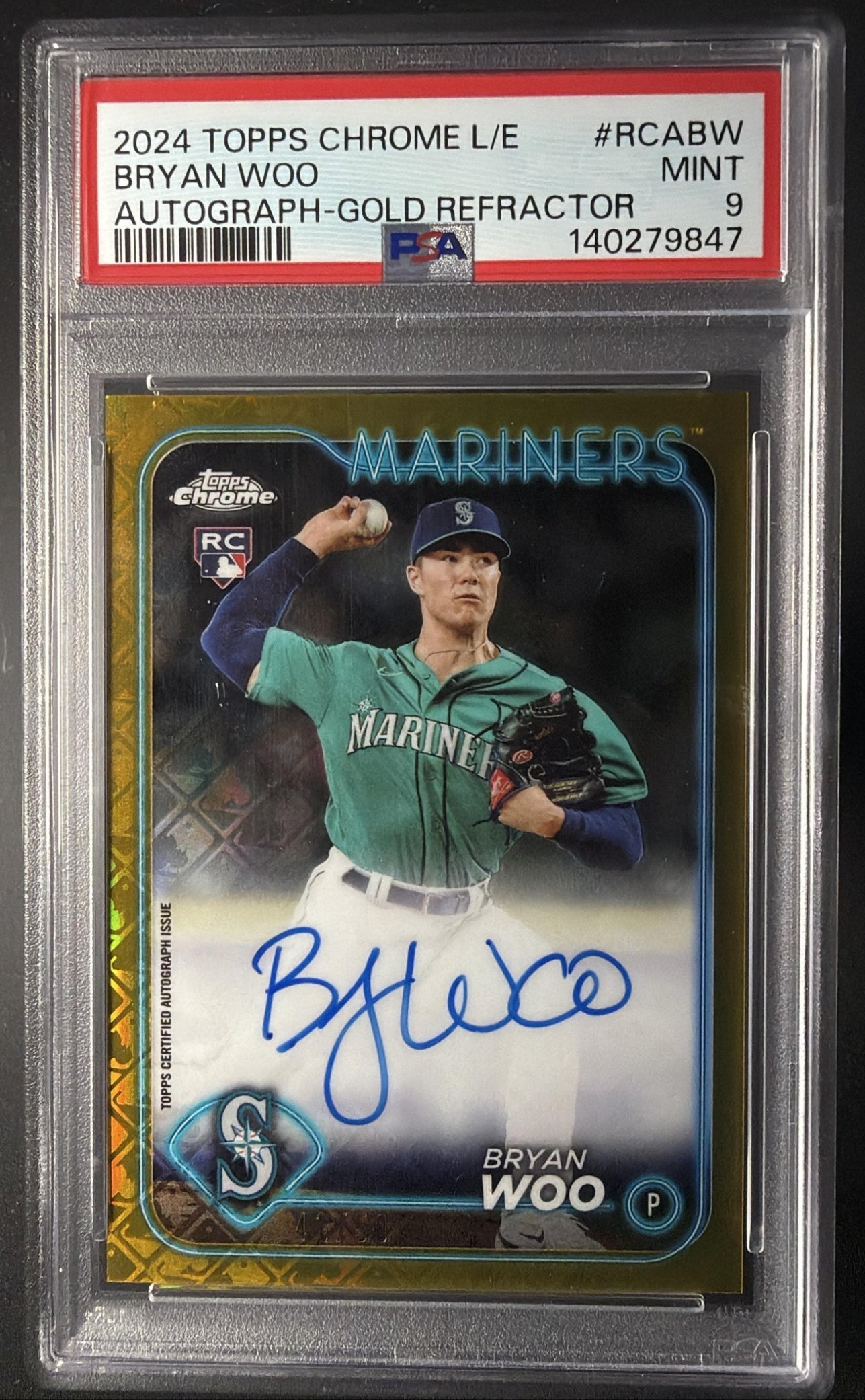 2024 Topps Chrome Logofractor Bryan Woo #RCA-BW Gold Logofractor /50 Auto RC PSA 9