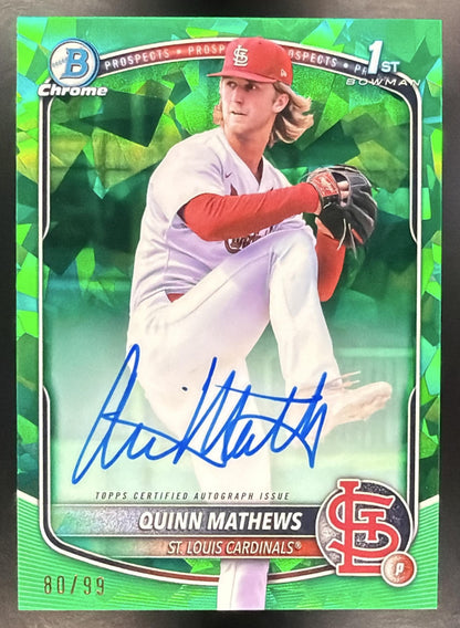 2025 Bowman Sapphire Quinn Mathews #CPS-QM Chrome Auto Green Refractor /99 1st Prospect