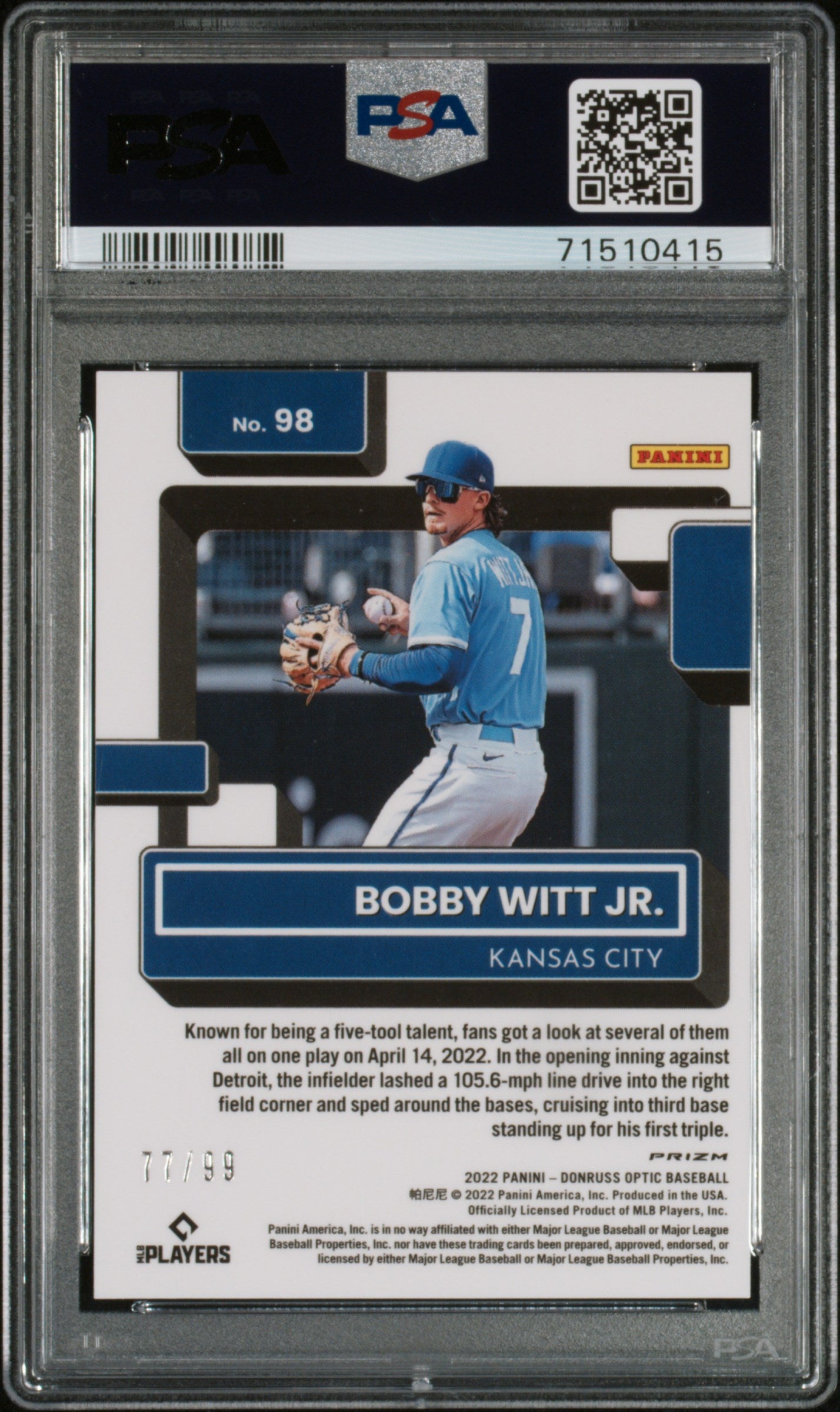 2022 Optic Bobby Witt Jr Rookie Purple Pandora /99 PSA 9
