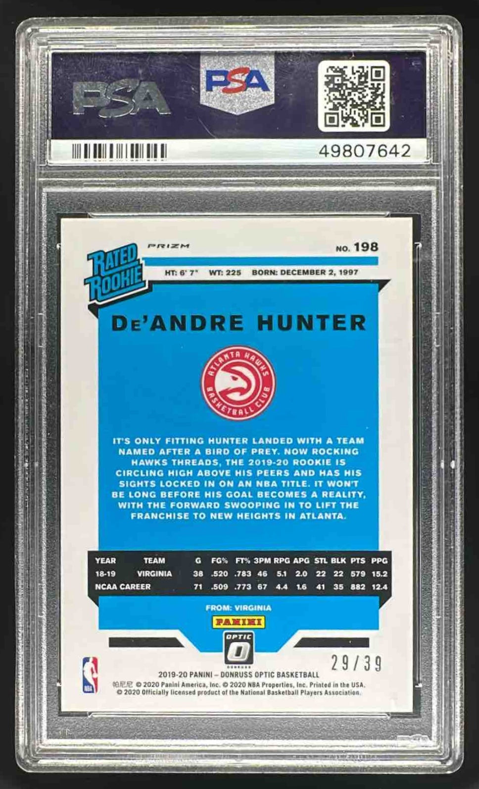 2019-20 Panini Donruss Optic De Andre Hunter #198 Black Velocity 29/39 RC PSA 10
