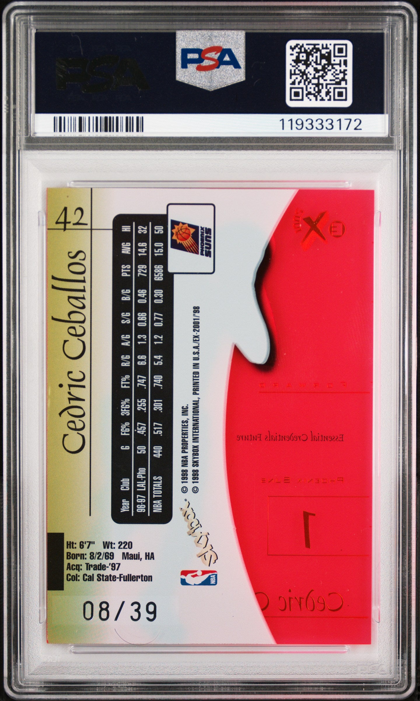 1997 Skybox E-X2001 Cedric Ceballos #42 Essential Credentials Future /39 PSA 6