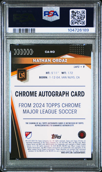 2024 Topps Chrome MLS Chrome Auto Nathan Ordaz #CANO Orange Ref /25 PSA 8 RC