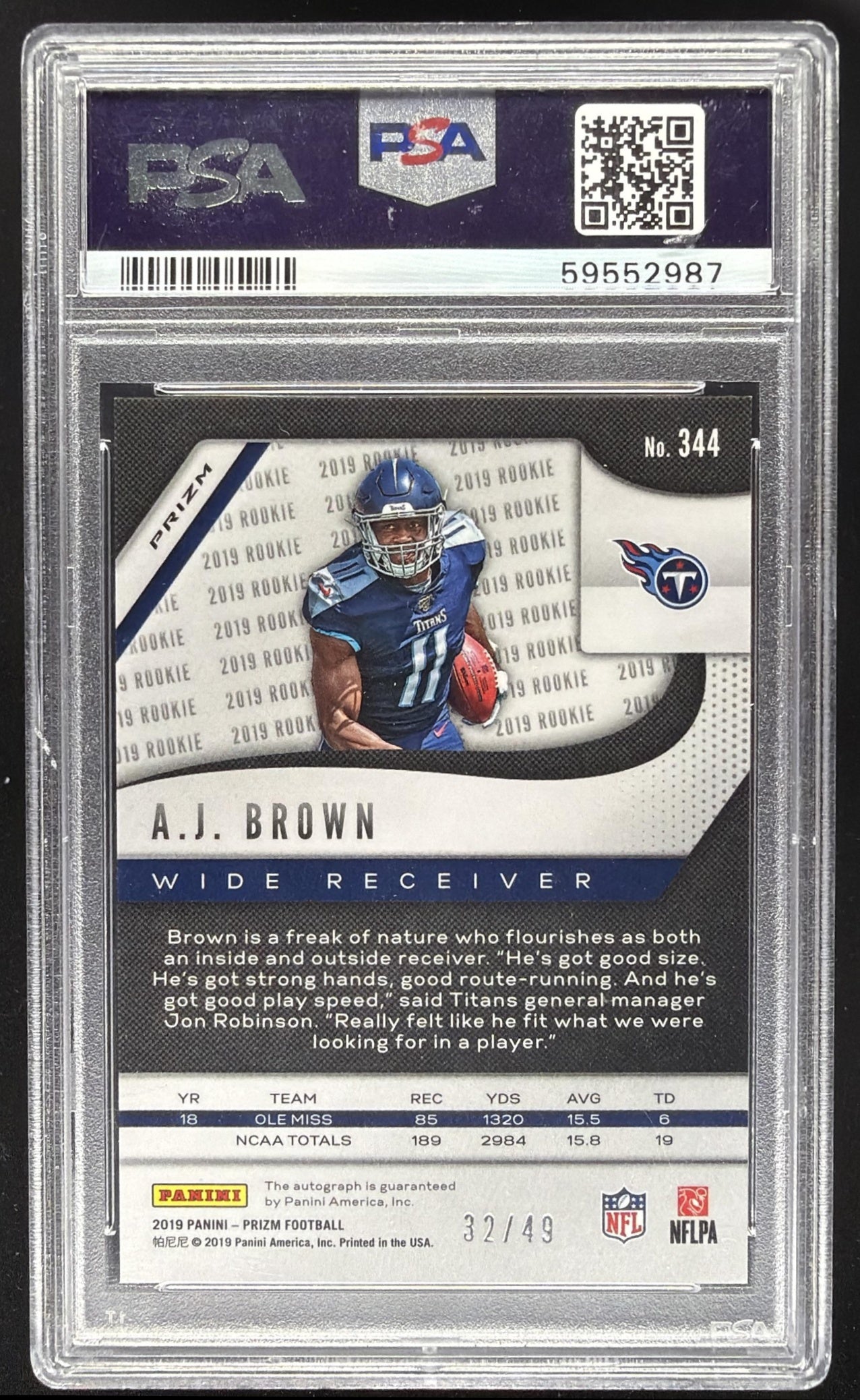 2019 Panini Prizm A.J. Brown #344 Rookie Auto Purple Power 32/49 RC PSA 9