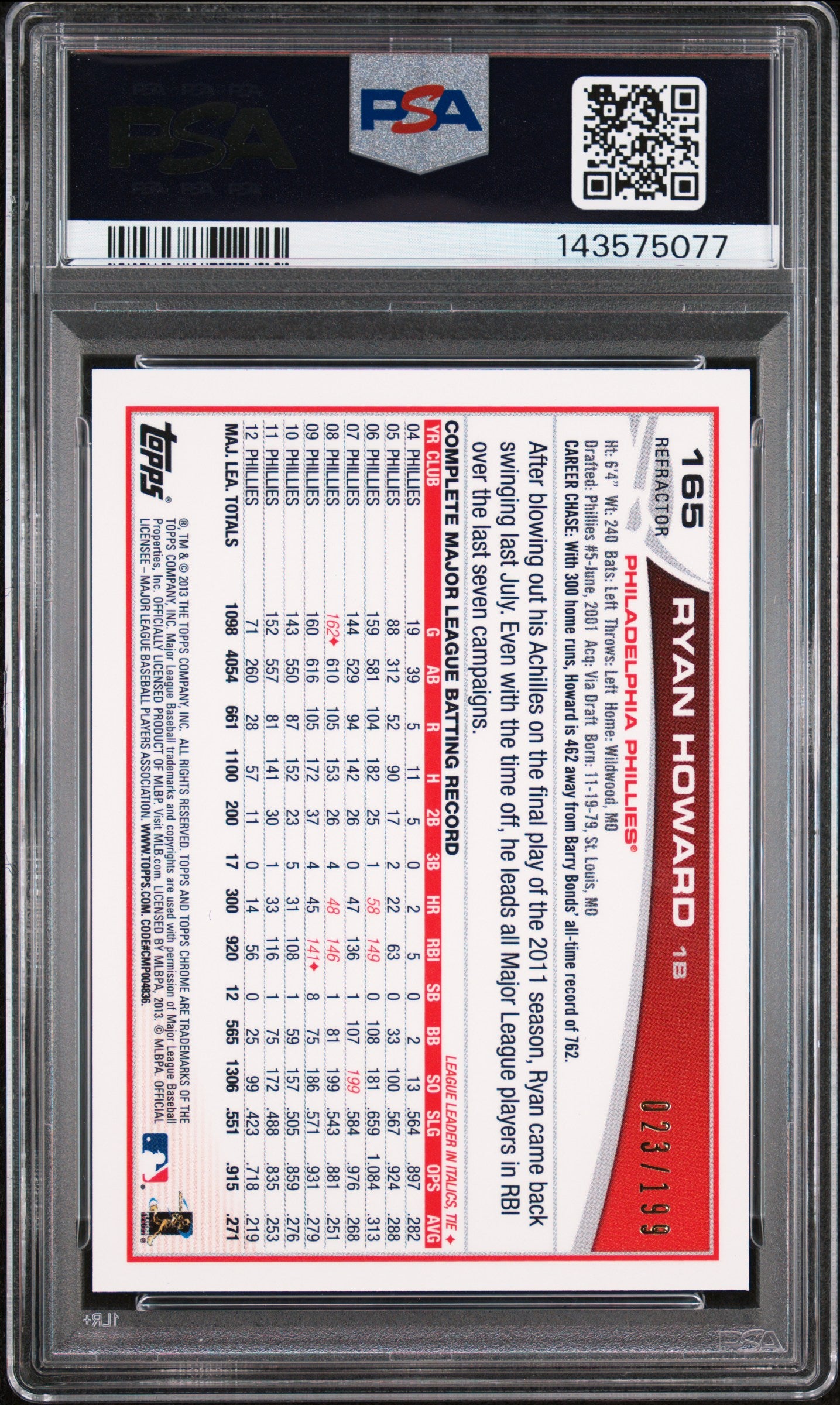 2013 Topps Chrome Ryan Howard #165 Blue Refractor 23/199 PSA 10