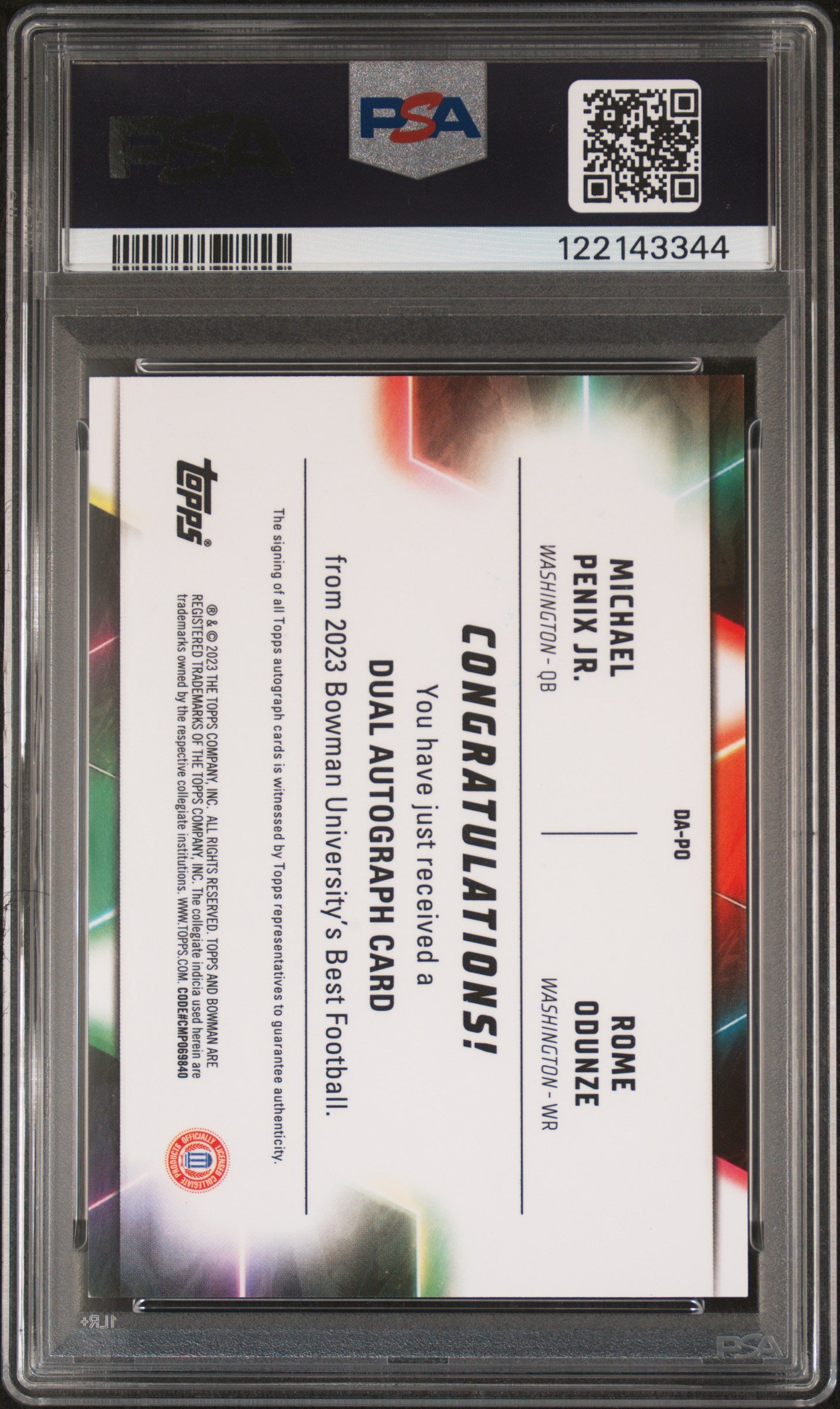 2023 Bowman University Best Rome Odunze Michael Penix Jr. Auto Orange /25 PSA 8