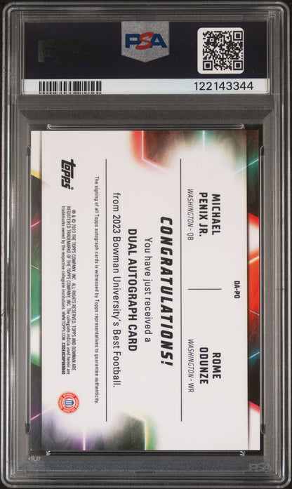 2023 Bowman University Best Rome Odunze Michael Penix Jr. Auto Orange /25 PSA 8
