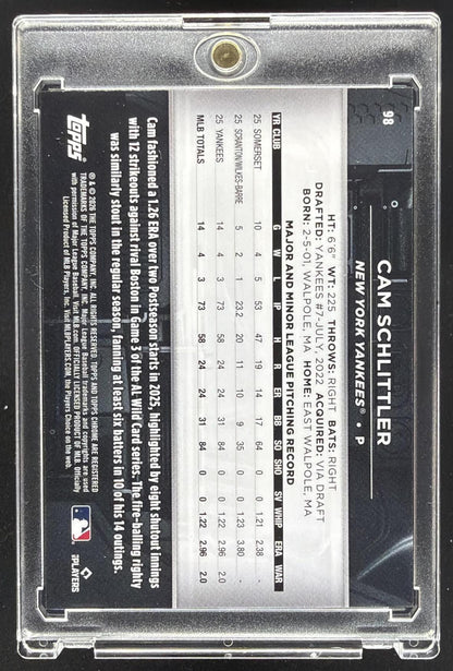 2026 Topps Chrome Black Cam Schlittler #98 Purple Mini-Diamond Refractor /75 RC