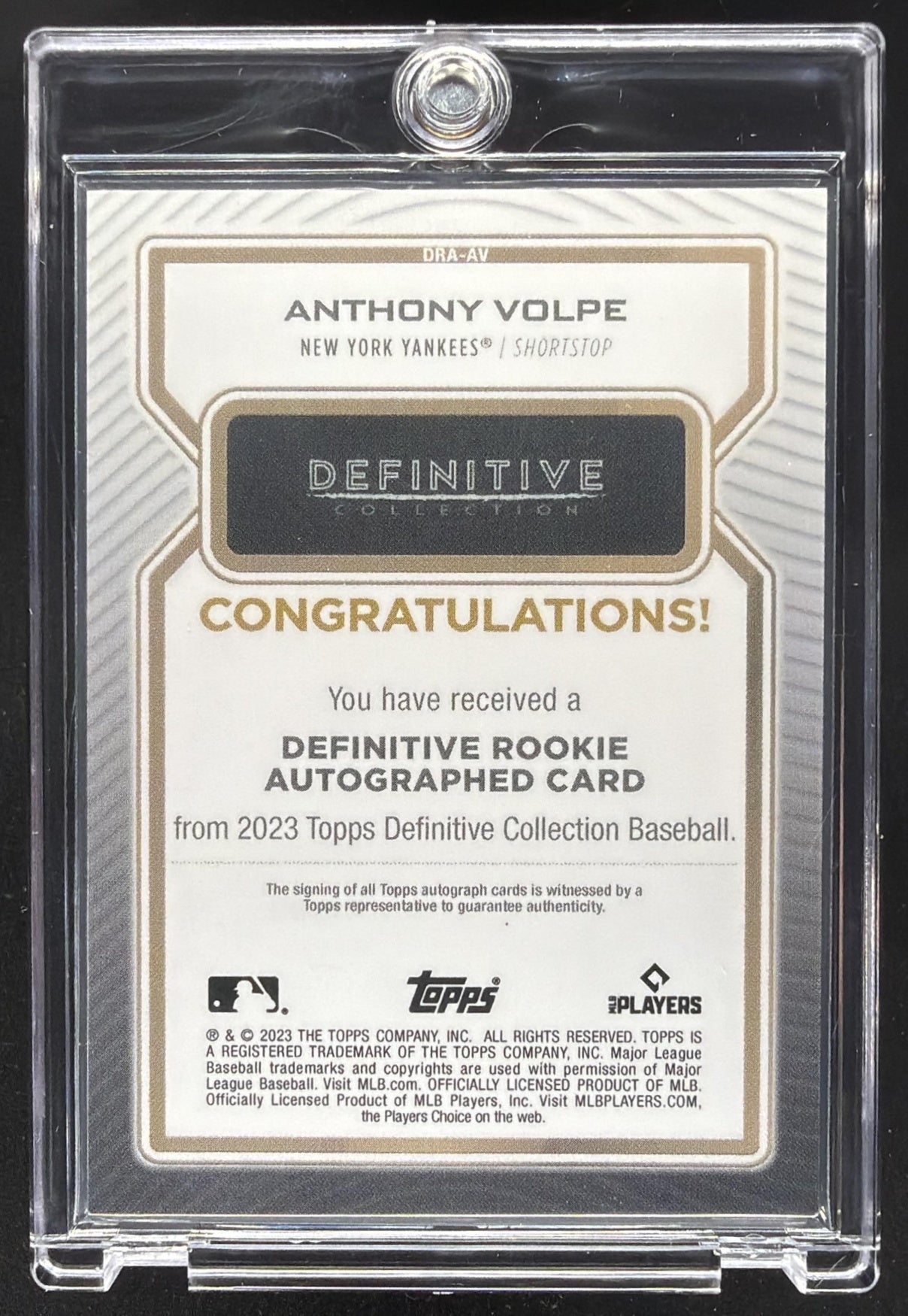 2023 Topps Definitive Anthony Volpe #DRA-AV Rookie Auto Purple 7/10 RC
