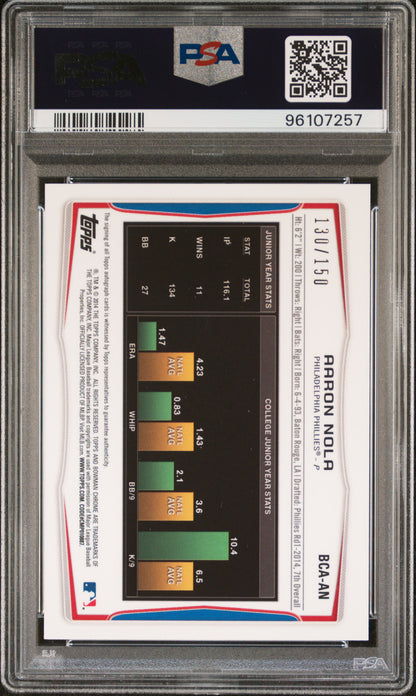 2014 Bowman Chrome Aaron Nola Blue Refractor Auto PSA 10