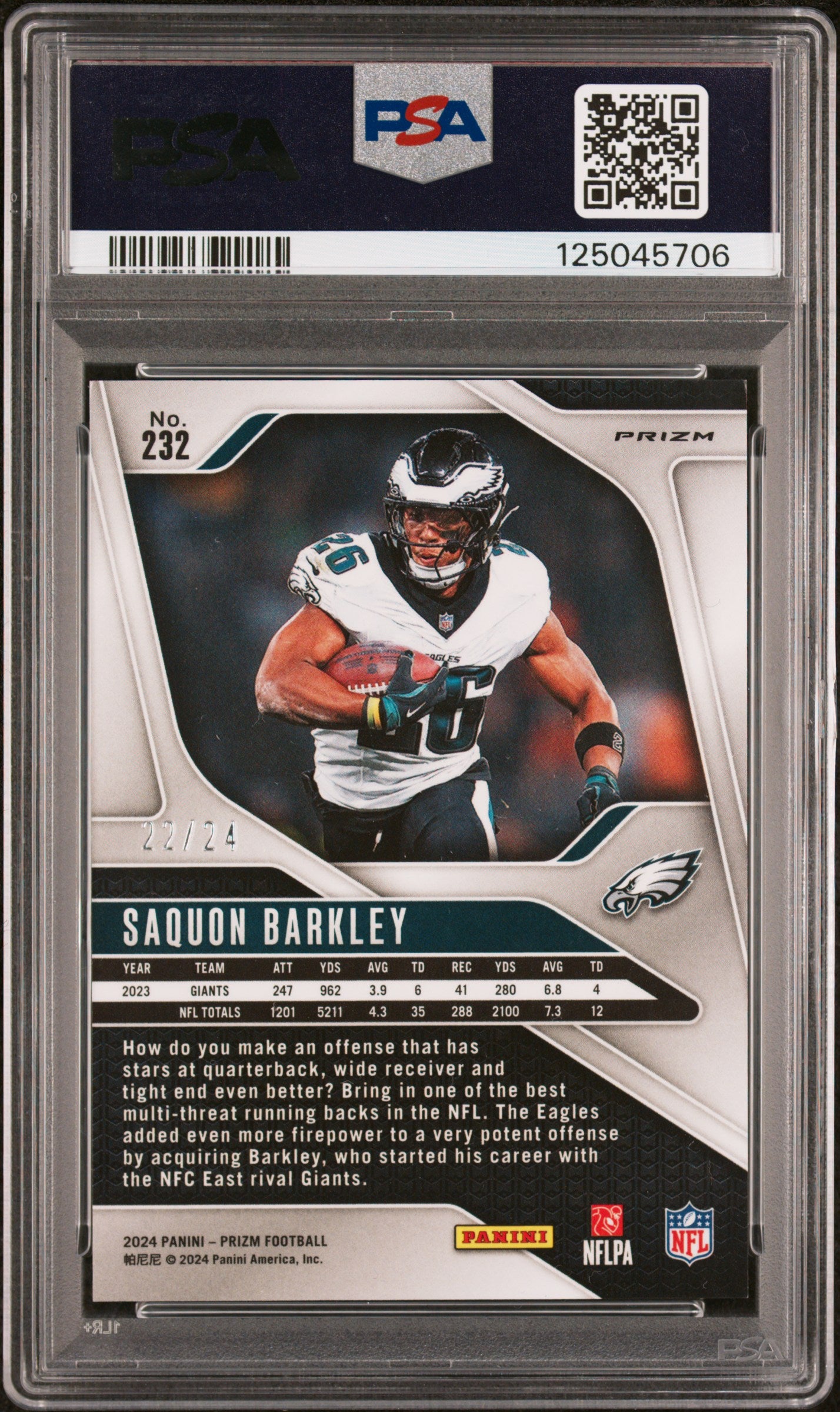 2024 Prizm Saquon Barkley Gold Sparkle /24 PSA 9