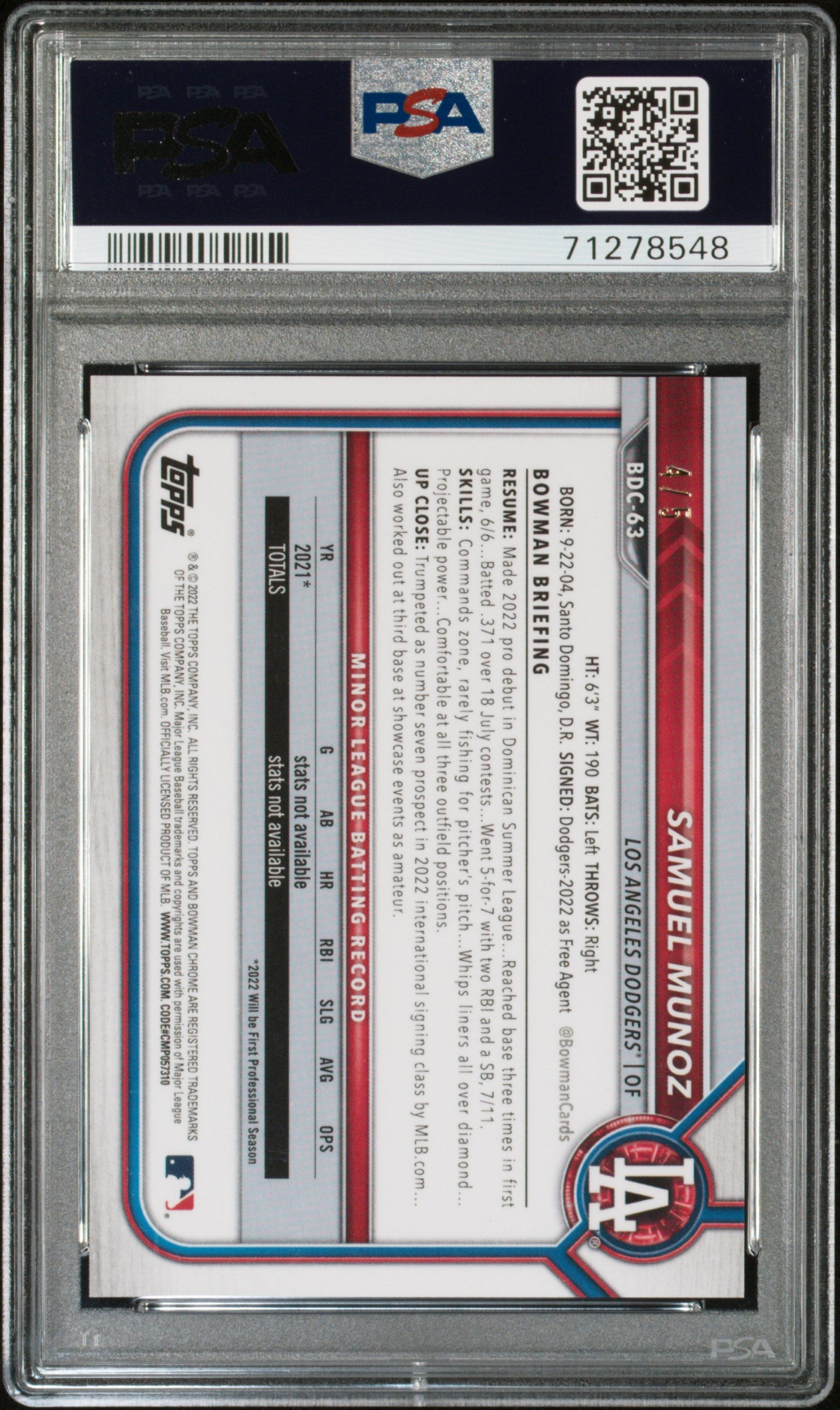 2022 Bowman Draft Samuel Munoz #BDC-63 Chrome Red Lava Refractor /5 PSA 10