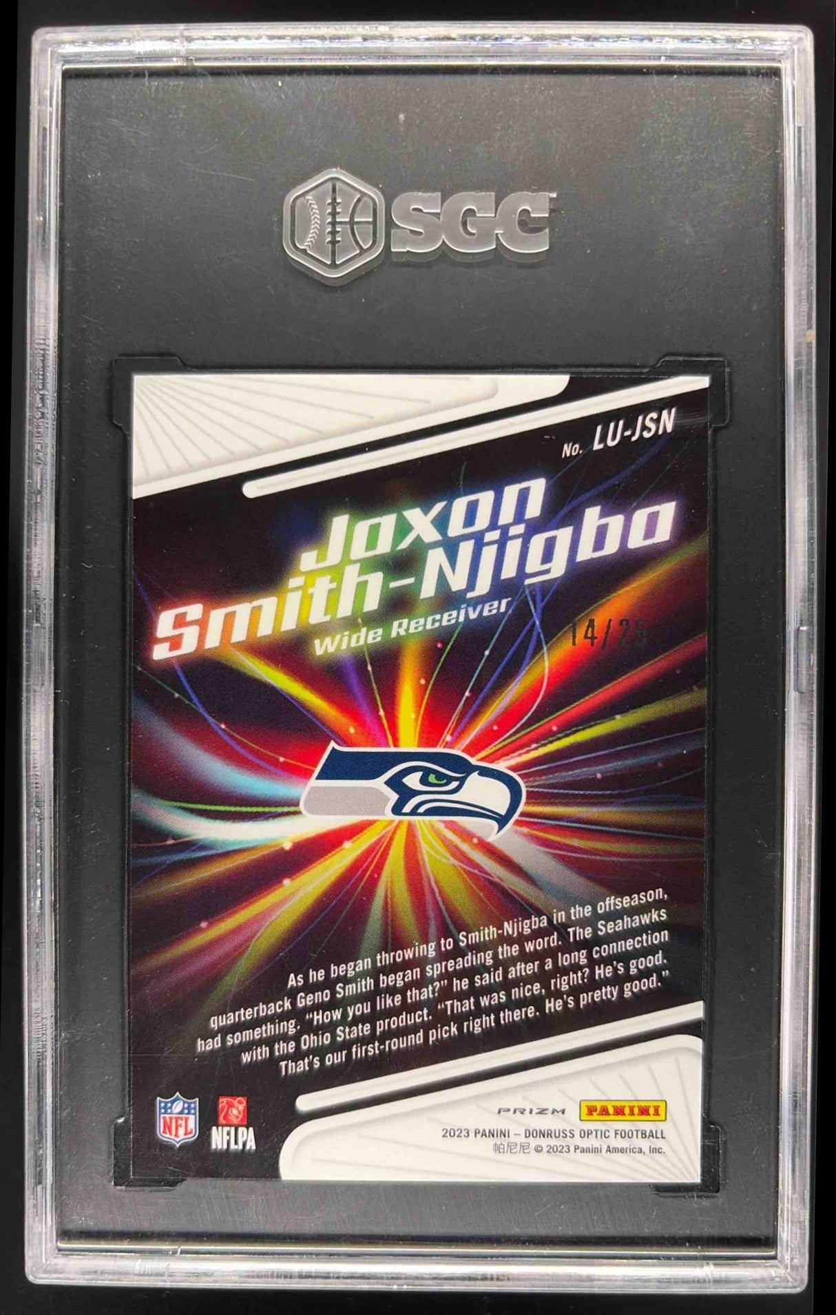 2023 Donruss Optic Jaxon Smith-Njigba Light It Up Purple Stars 14/25 RC SGC 10